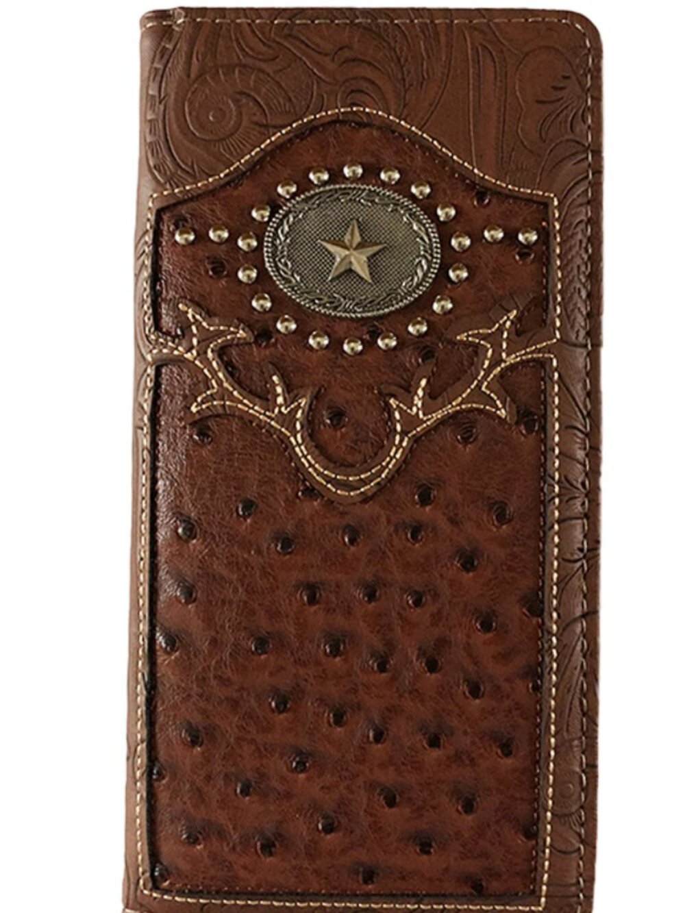 Men's New Western Wallet With Star Emblem Faux Brown Leather Cowboy